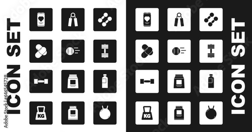 Set Dumbbell, Tennis ball, Sports nutrition, Mobile with heart rate, expander, Fitness shaker and icon. Vector