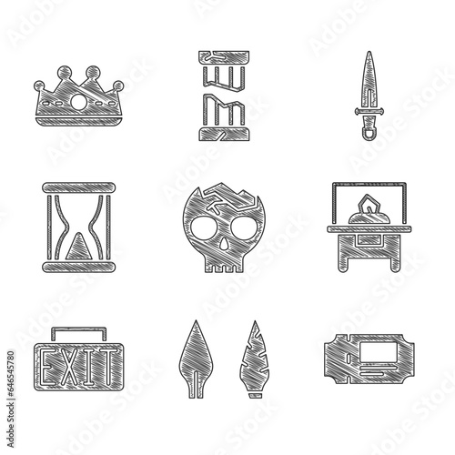 Set Broken human skull, Stone age arrow head, Museum ticket, Glass showcase for exhibit, Exit sign, Old hourglass with sand, Dagger and King crown icon. Vector