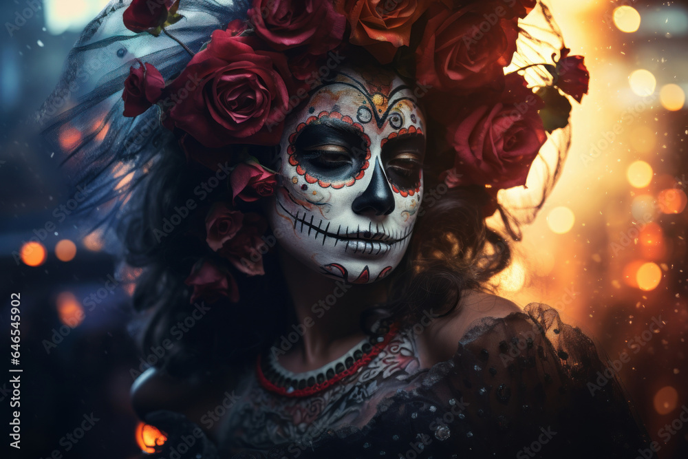 A girl with a sugar skull and bright flowers in her hair, Day of the Dead