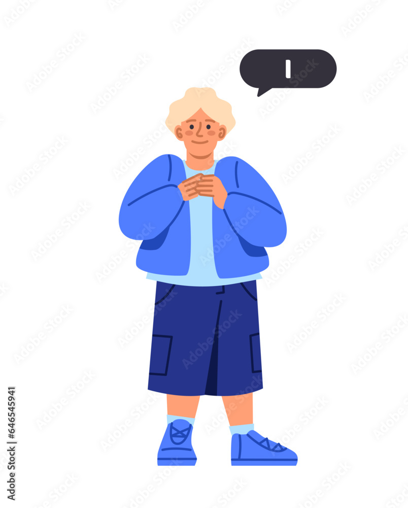 Kids with gender pronouns concept. Young guy pointing at herself and say i. Education and training. Sticker for social networks. Cartoon flat vector illustration isolated on white background Kids with gender pronouns concept. Young guy pointing at herself and say i. Education and training. Sticker for social networks. Cartoon flat vector illustration isolated on white background