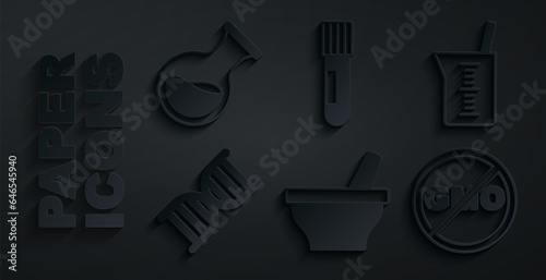 Set Mortar and pestle, Laboratory glassware beaker, DNA symbol, No GMO, Test tube flask and icon. Vector