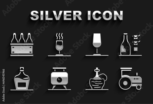 Set Fermentation of grapes, Bottle wine, Tractor, Wine italian fiasco bottle, Old, glass, Bottles box and tasting, degustation icon. Vector