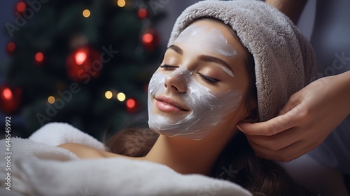 A woman getting a facial mask on her face