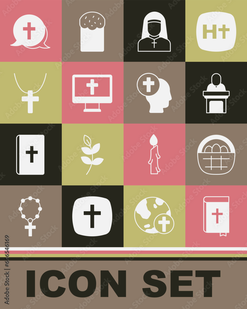 Set Holy bible book, Basket with easter eggs, Church pastor preaching, Nun, Christian cross on monitor, chain, and Priest icon. Vector Set Holy bible book, Basket with easter eggs, Church pastor preaching, Nun, Christian cross on monitor, chain, and Priest icon. Vector