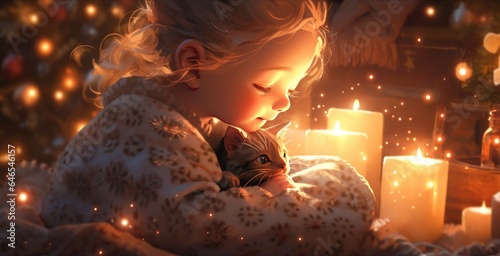 A little girl holding a cat next to a lit candle