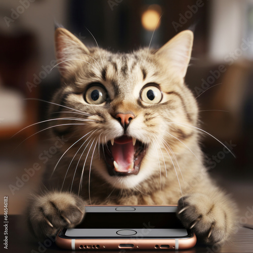 Cat that has a mouth open holds a smartphone, humor meme © zakiroff