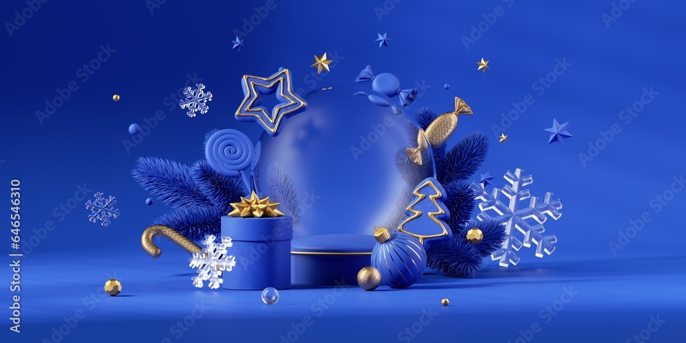 3d render, blue gold background of Christmas ornaments, empty glass ball, wrapped gift boxes with golden ribbons and frozen spruce twigs. Modern holiday wallpaper. Happy New Year - obrazy, fototapety, plakaty 