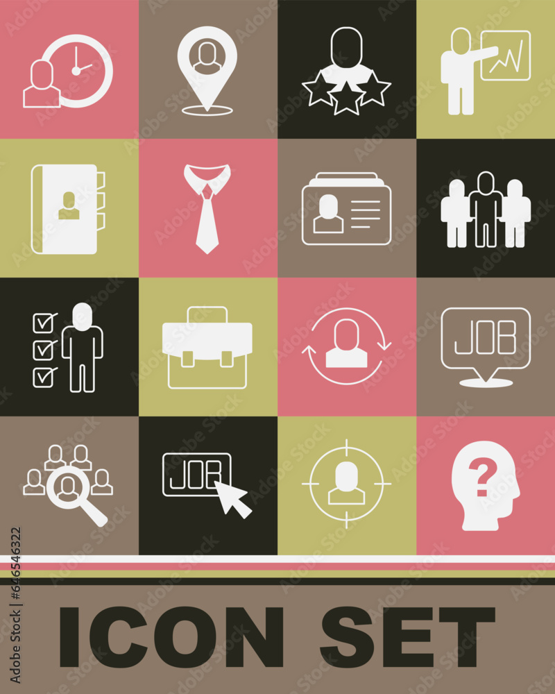 Set Worker, Search job, Project team base, Productive human, Tie, Resume, time and icon. Vector Set Worker, Search job, Project team base, Productive human, Tie, Resume, time and icon. Vector
