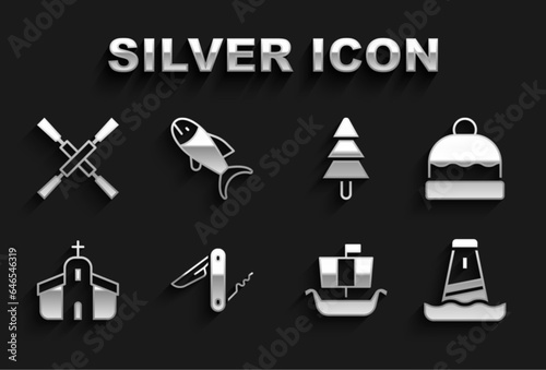 Set Swiss army knife, Beanie hat, Lighthouse, Viking ship Drakkar, Church building, Tree, Oars or paddles boat and Fish icon. Vector
