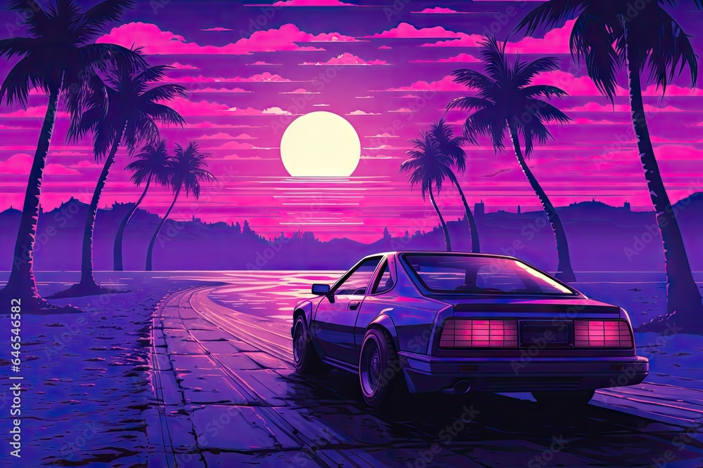 neon purple retro car Generative AI