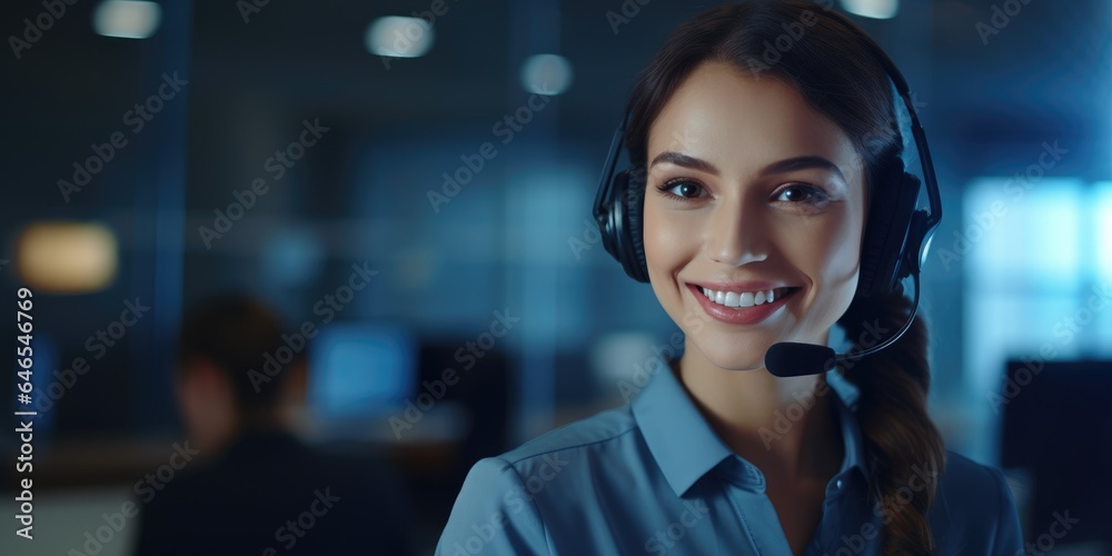 Young woman with a call centre headset. Generative AI Young woman with a call centre headset. Generative AI