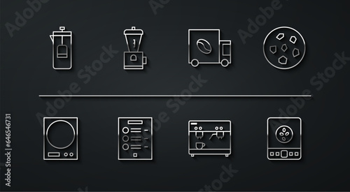 Set line French press, Electronic scales, Cookie or biscuit, Coffee machine, menu, Electric coffee grinder, and street truck icon. Vector