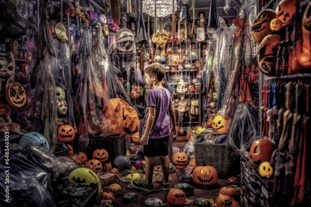 Halloween concept - happy little boy with pumpkin set.