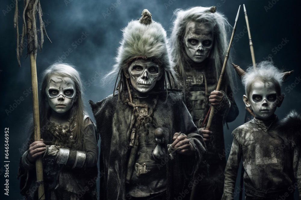 Group of people with skull makeup in halloween party. Group of people with skull makeup in halloween party.