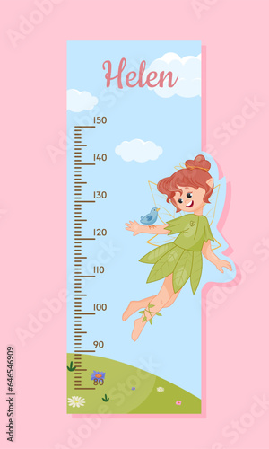 Height meter with fairy concept. Centimeter for girls with ficttional character in green dress. Template, layout and mock up. Cartoon flat vector illustration isolated on pink background