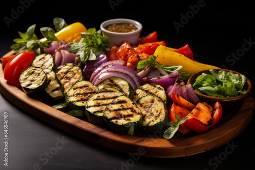 A colorful array of grilled vegetables on a wooden platter background with empty space for text 