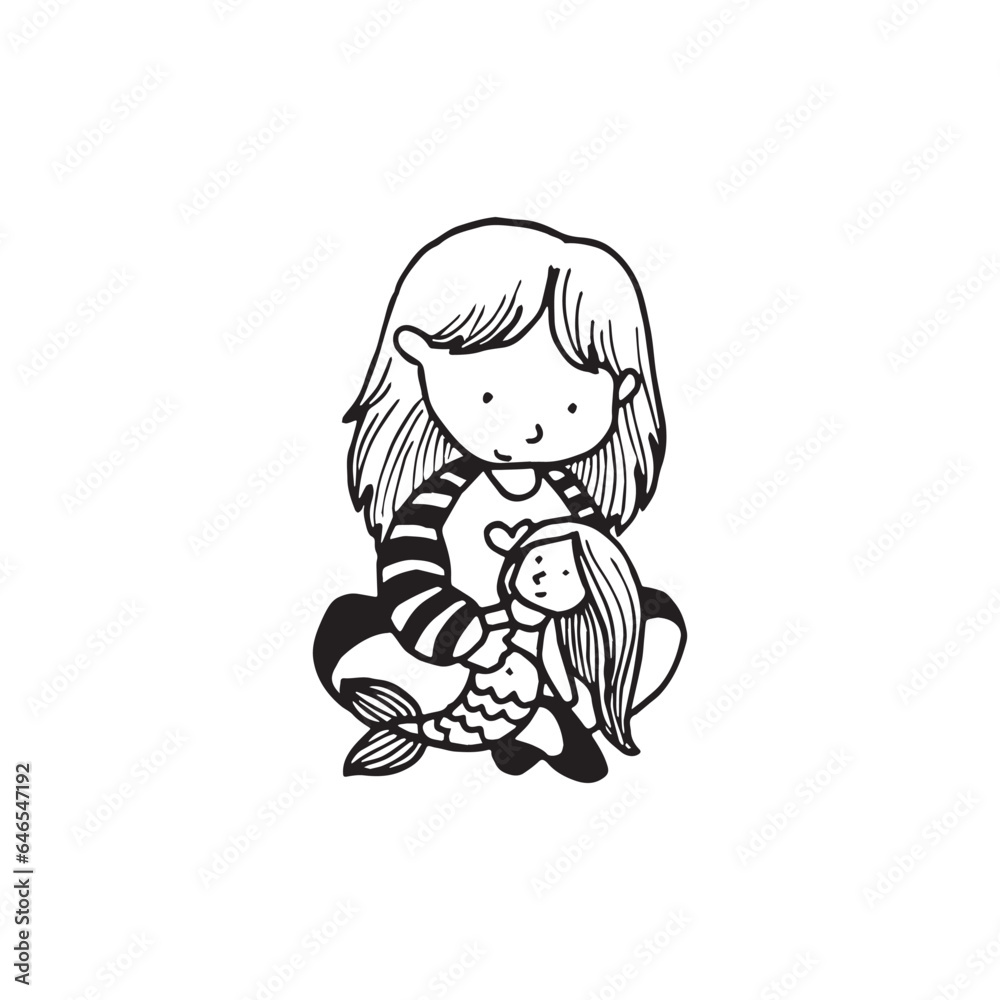 Obraz premium Handdrawn kid illustration, child drawing, cute kid, girl with a doll