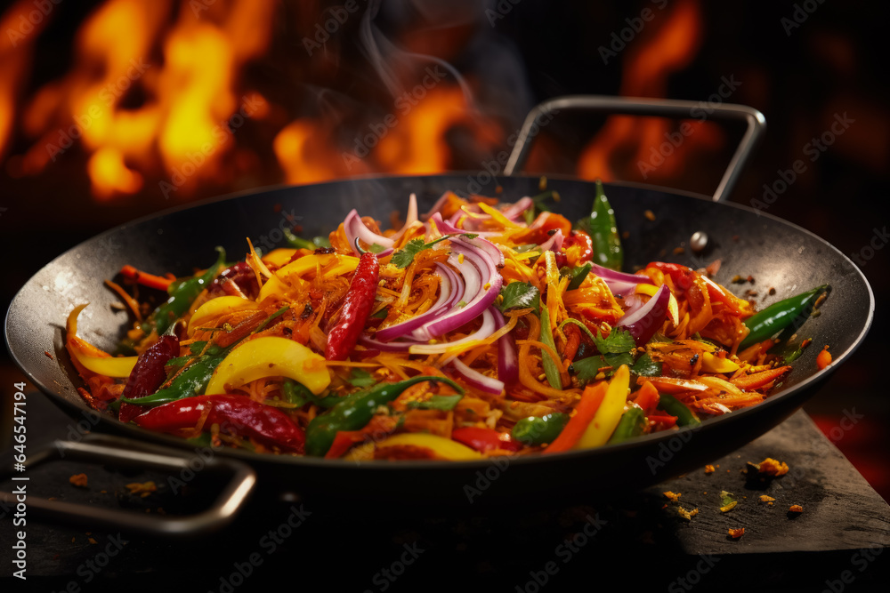 Freshly chopped vegetables sizzle in a wok surrounded by colorful spices showcasing the exquisite flavors of vegetarian cuisine Freshly chopped vegetables sizzle in a wok surrounded by colorful spices showcasing the exquisite flavors of vegetarian cuisine