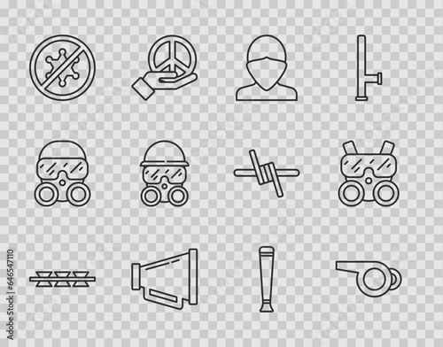 Set line Barbed wire, Whistle, Vandal, Megaphone, Protest, Gas mask, Police rubber baton and icon. Vector