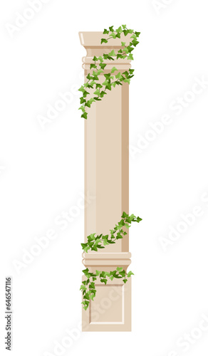 Ivy covered column concept. Traditional greek and Rome architecture element with plants. Poster or banner for website. Cartoon flat vector illustration isolated on white background