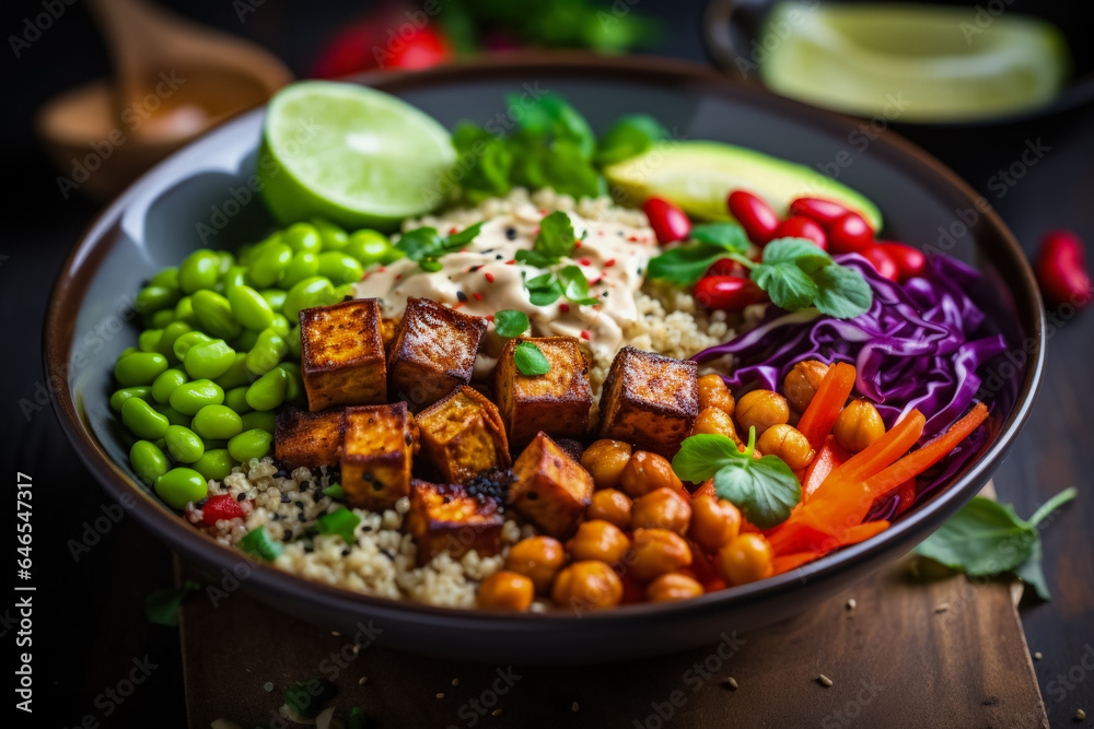 A close-up shot of a colorful Buddha bowl with tofu quinoa chickpeas and an array of fresh vegetables A close-up shot of a colorful Buddha bowl with tofu quinoa chickpeas and an array of fresh vegetables