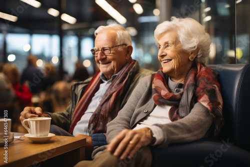 Senior couple sitting in a cafe and drinking coffee.