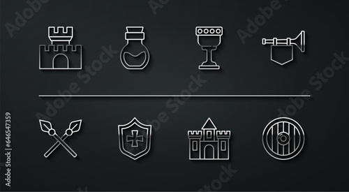 Set line Castle, fortress, Crossed medieval spears, Trumpet with flag, Shield, Poison in bottle, Round wooden shield and Medieval goblet icon. Vector