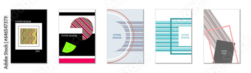 Geometric cover design, set of 5 covers. Abstract unusual background in Memphis style. Bright geometric shapes in random order