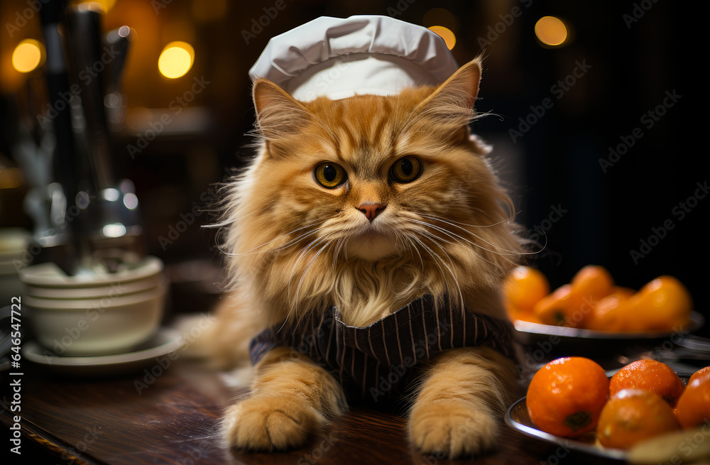 A cat sitting on a table next to a plate of oranges