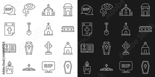 Set line Coffin with cross, Old crypt, Church building, Shovel, Calendar death, Speech bubble rip and icon. Vector