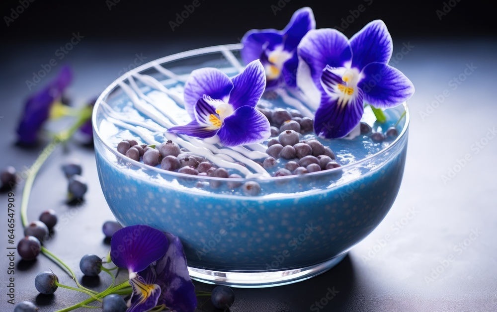 Blue matcha smoothie in a bowl decorated with butterfly pea flowers and berries on a table Blue matcha smoothie in a bowl decorated with butterfly pea flowers and berries on a table