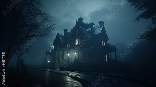 Moonlit Haunting: Unveiling the Eerie Charm of the Mist-Shrouded Mansion.