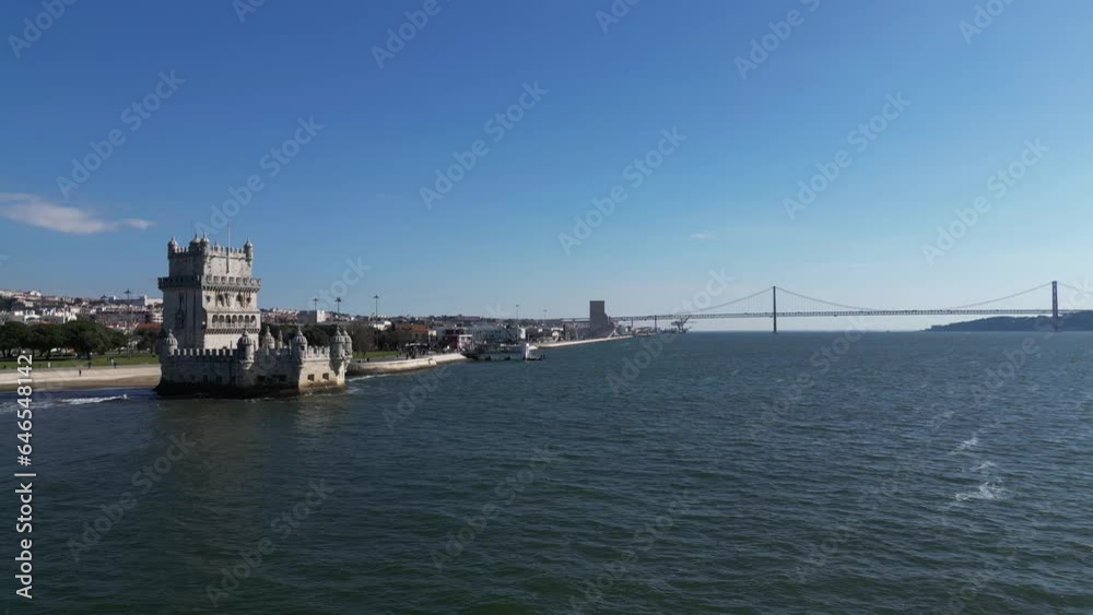 Cityscape of Lisbon with Belem Tower and April 25 Bridge