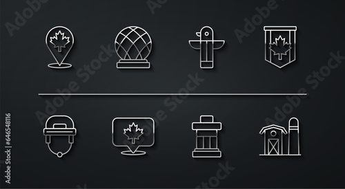 Set line Canadian maple leaf, Hockey helmet, Pennant flag of Canada, Inukshuk, Montreal Biosphere, Farm house and totem pole icon. Vector