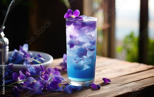 Blue matcha cocktail in a glass with ice on a table decorated with butterfly pea flowers 