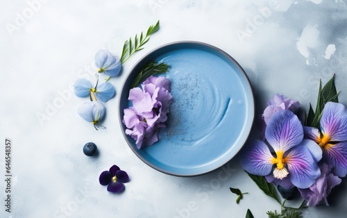 Overhead shot of blue matcha smoothie in a bowl decorated with butterfly pea flowers and berries