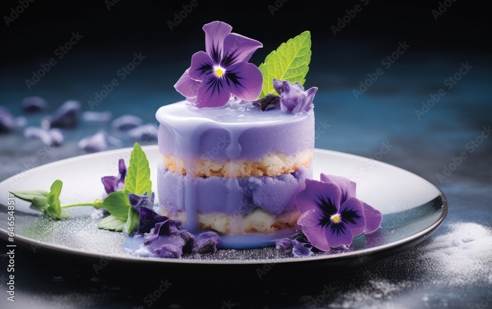 Blue matcha cake decorated with butterfly pea flowers on a plate Blue matcha cake decorated with butterfly pea flowers on a plate