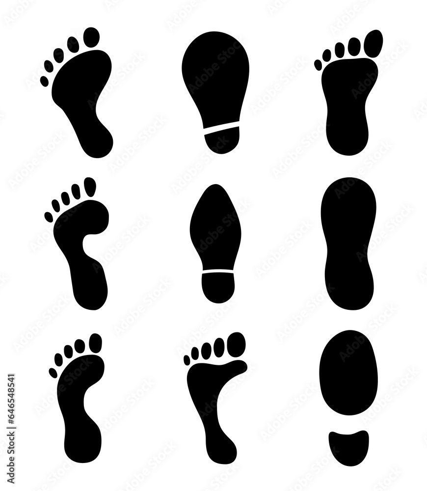 Different human footprints. Silhouette image. Shoe tread imprint. Hand style. Vector drawing. Collection of design elements. Different human footprints. Silhouette image. Shoe tread imprint. Hand style. Vector drawing. Collection of design elements.