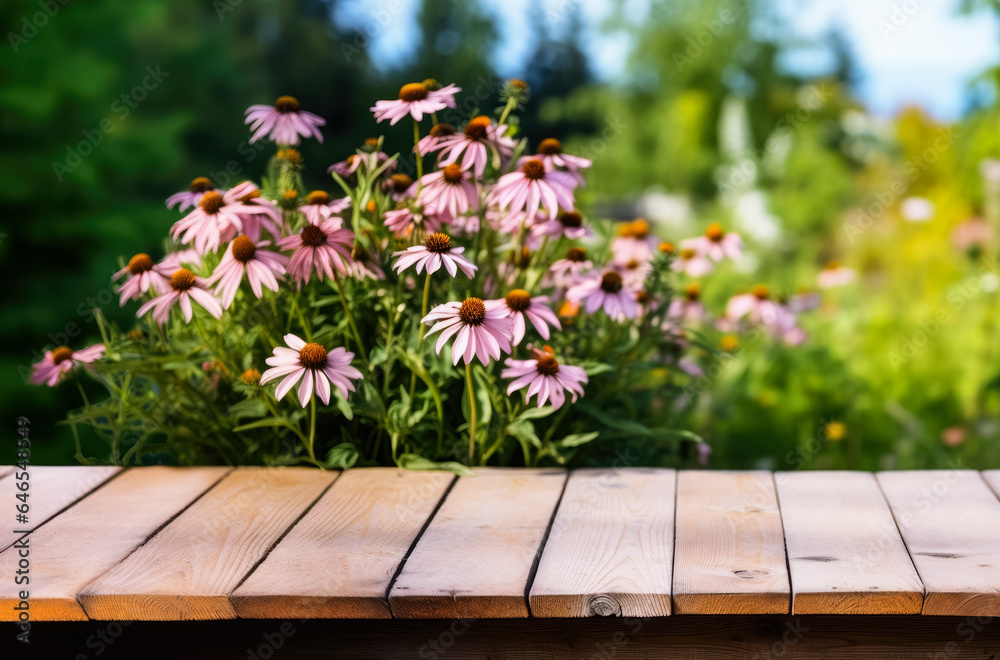 Empty rustic old wooden boards table copy space with Echinacea or coneflower plants in background. Product display template. Generative AI Empty rustic old wooden boards table copy space with Echinacea or coneflower plants in background. Product display template. Generative AI
