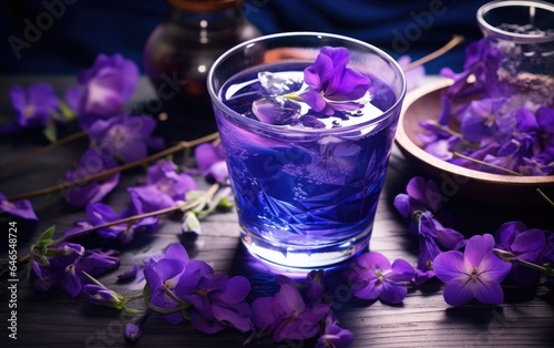 Blue matcha cocktail in a glass with ice on a table decorated with butterfly pea flowers 