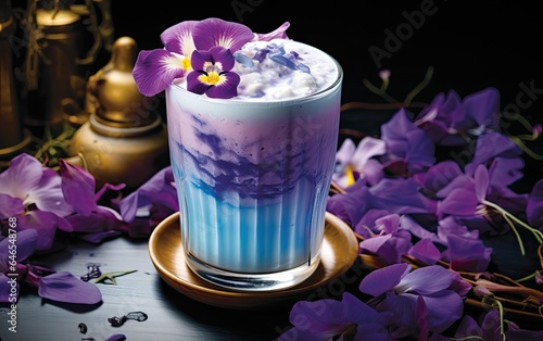Blue matcha cocktail in a glass with ice on a table decorated with butterfly pea flowers