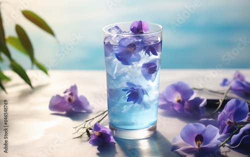 Blue matcha cocktail in a glass with ice on a table decorated with butterfly pea flowers