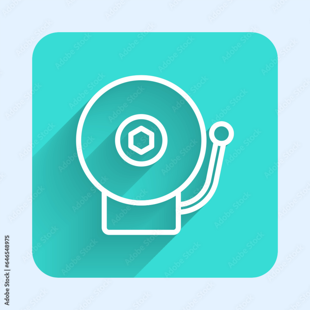 White line Ringing alarm bell icon isolated with long shadow. Alarm symbol, service bell, handbell sign, notification symbol. Green square button. Vector White line Ringing alarm bell icon isolated with long shadow. Alarm symbol, service bell, handbell sign, notification symbol. Green square button. Vector
