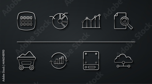 Set line Binary code, Coal mine trolley, Document with graph chart, Server, Pie infographic, Network cloud connection and icon. Vector