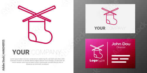 Logotype line Knitting needles icon isolated on white background. Label for hand made, knitting or tailor shop. Logo design template element. Vector