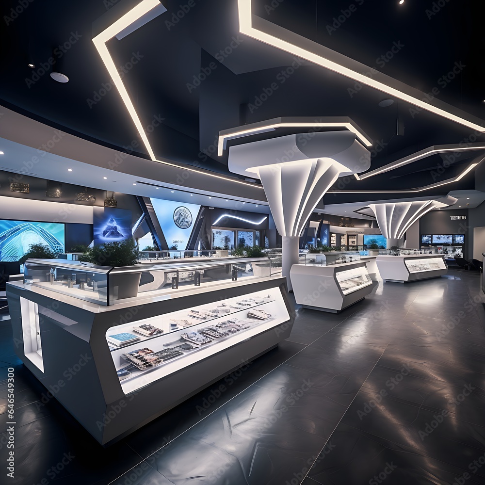 Obraz premium Retail interior layout with high ceilings and a modern or futuristic feel, perfect for a dispensary or bar