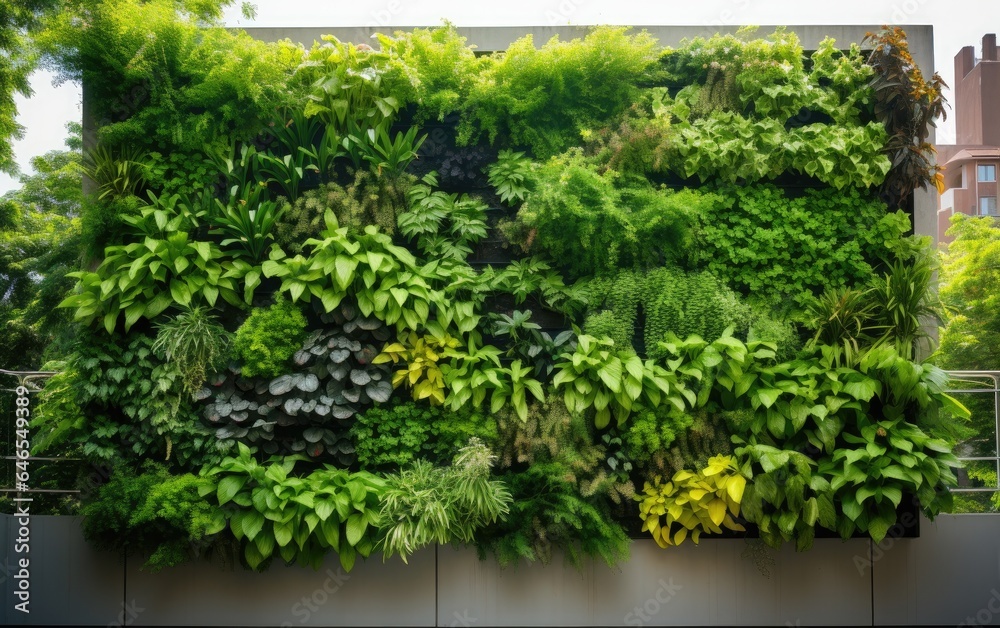 A lush vertical garden installed on the exterior of a building, featuring a variety of vibrant plants climbing up the walls, creating a green oasis in the urban environment A lush vertical garden installed on the exterior of a building, featuring a variety of vibrant plants climbing up the walls, creating a green oasis in the urban environment
