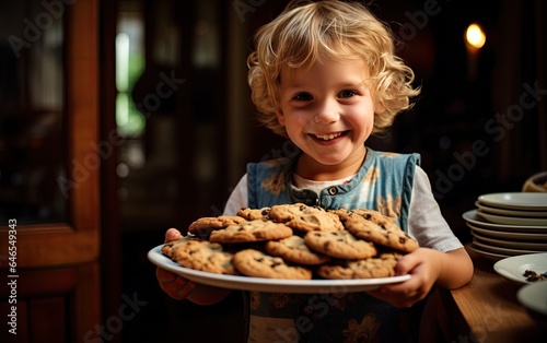 Cute kid smiling and holding a plate of chocolate chip cookies
