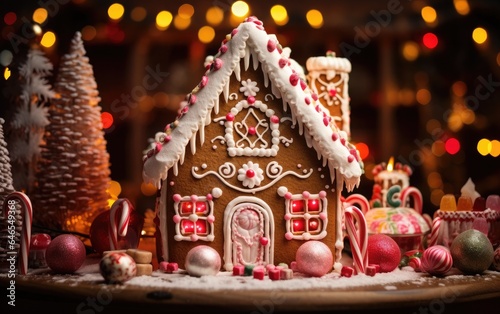 Gingerbread house surrounded with candy canes, gumdrops, and icing
