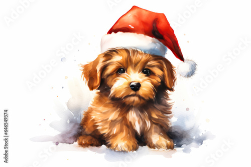 Little cute puppy in Christmas decoration. Watercolor illustration of Christmas celebrating with pet.
